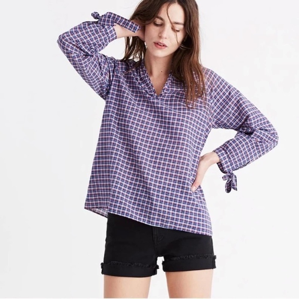 Madewell Tie Sleeve Popover Top Whitby Plaid - Picture 1 of 9